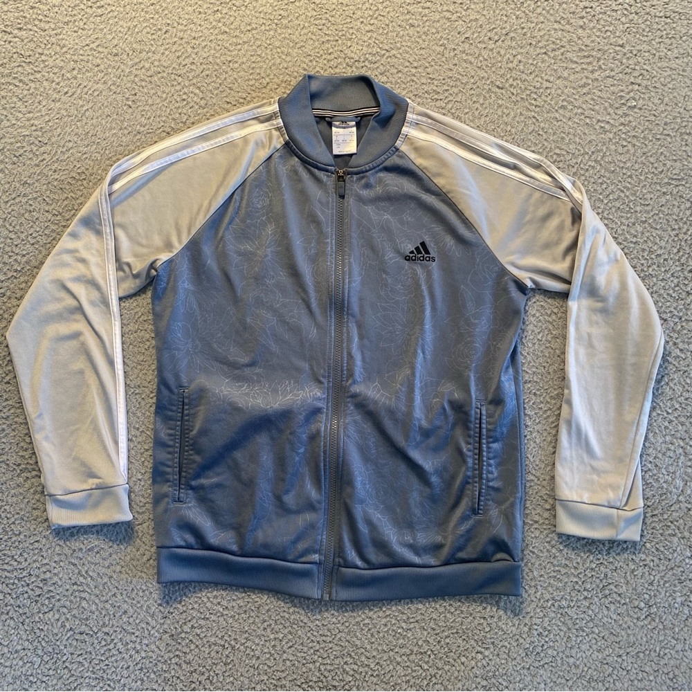 Adidas Floral Embossed Full Zip Track Jacket Teal Blue Grey Women’s Size Large